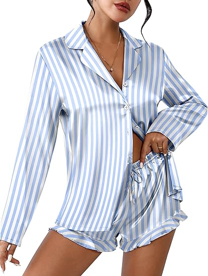 Ekouaer Womens Satin Pajama Sets Long Sleeve Top and Shorts Lounge Set Button Down Sleepwear