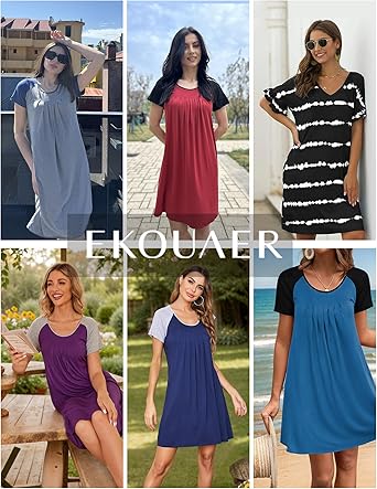 Ekouaer Women's Nightgown Short Sleeve Sleepwear Comfy Sleepshirts Pleated Scoopneck Nightshirt