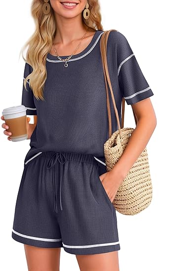 Ekouaer Women's Waffle Knit Two Piece Lounge Set, Soft Matching Outfits for Daily Wear, Casual Shorts Set with Pocket