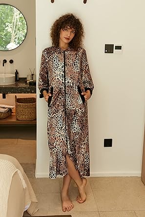 Ekouaer Robe for Women Velour Zipper Robe 3/4 Sleeves Housecoat Full Length Loungewear Long Bathrobe with Pockets