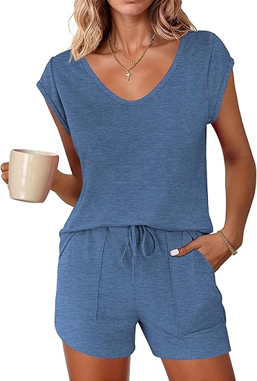 Ekouaer Womens Pajama Sets 2 Piece Lounge Sets Comfy Short Sleeve Tops and Shorts Cute Pjs Outfits Set