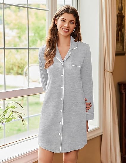 Ekouaer Nightgowns for Women Long Sleeve Nightshirt Button Down Sleepshirt Nightdress Boyfriend Sleepwear