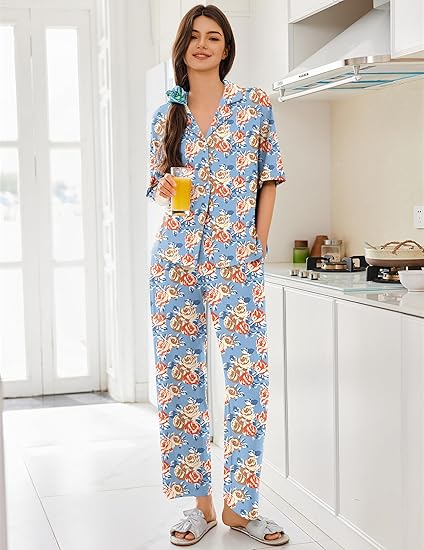 Ekouaer Women Pajamas Set Button Down Sleepwear Short Sleeve Pjs Soft Comfy Nightwear with Long Pants
