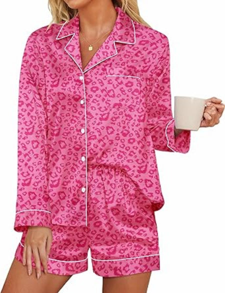 Ekouaer Satin Pajama Set for Women Button Down Pj Set Long Sleeve Top and Shorts 2 Piece Loungewear Summer Soft Sleepwear