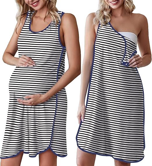 Ekouaer Labor and Delivery Gown for Hospital 3 in 1 Nursing Dress Sleeveless Maternity Snap Button Breastfeeding Nightgown