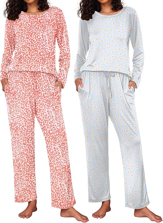 Ekouaer 2 Pack Women's Pajama Set Long Sleeve Top with Jogger Pants Lounge Sets Sleepwear Loungewear with Pockets