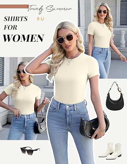 Ekouaer Womens Short Sleeve Shirts 3 Pack Crew Neck Tops Slim Fit Basic Tees Trendy Clothes Base Layer