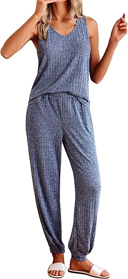 Ekouaer Women's Pajamas Sleeveless Summer Lounge Set Ribbed Knit Pj Loungewear Soft Tank Sleepwear Nightwear