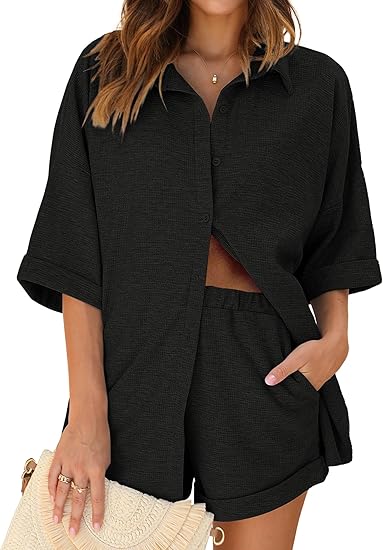 Ekouaer Waffle Knit Lounge Sets for Women Short Sleeve Pajamas Button Down Pjs Oversized Loungewear Shorts Set