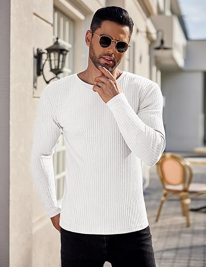 Ekouaer Men's Long Sleeve Shirts Ribbed Pullover Tees Sim Fit Thermal Tops Crew Neck Stretchy Undershirts