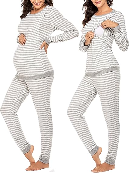 Ekouaer Nursing Pajama Set Long Sleeve Maternity Clothes Labor Pregnancy Pjs Breastfeeding Thermal Underwear Sleepwear