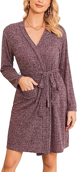 Ekouaer Women Robe Ribbed Knit Soft Bathrobe Knee Length Robes Stretchy Short Sleepwear with Pockets