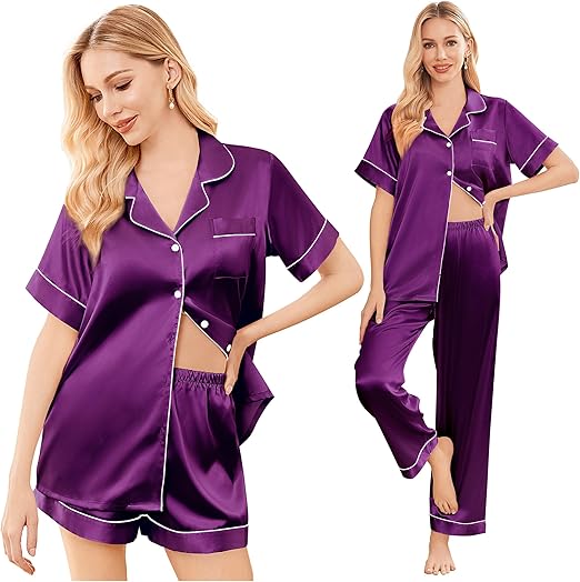 Ekouaer Silk Pajamas for Women Set Satin Pjs Soft Short Sleeve Button Down Sleepwear 3 Piece Loungewear