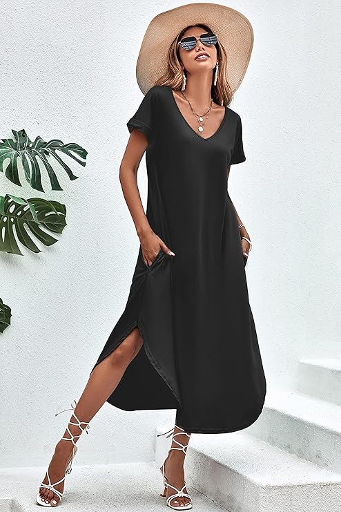 Ekouaer Nightgowns for Women V Neck Nightshirts Short Sleeve Soft Sleepwear Side Split Pockets Long Nightdress