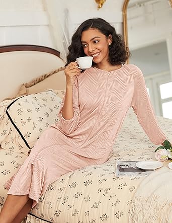 Ekouaer Zipper Robes for Women Ribbed Knit Bathrobe Lightweight Full Length Loungewear with Pockets