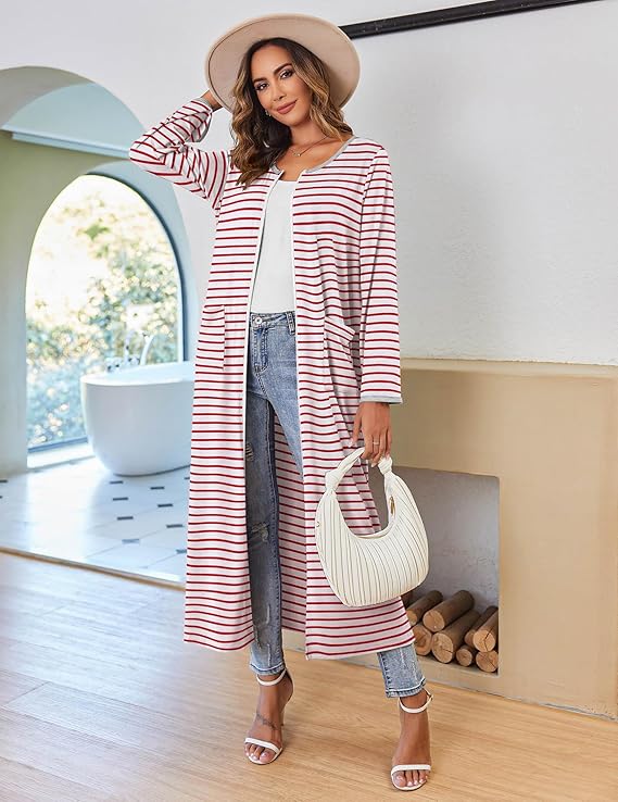 Ekouaer Women Long House Coat Zipper Front Robes Full Length Nightgowns with Pockets Striped Loungewear
