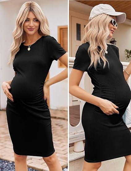 Ekouaer Women's Maternity Dress Ruched Ribbed Bodycon Summer Dresses Casual Pregnancy Dress