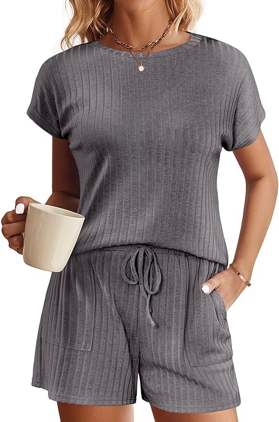 Ekouaer Pajamas Set for Women 2 Piece Pjs Ribbed Knit Lounge Set Cap Sleeve Loungewear Sleepwear