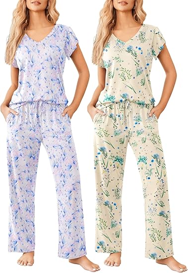 Ekouaer 2 Pack Womens Pajamas Short Sleeve Sleepwear Top with Pants Super-Soft Printed Lounge Sets