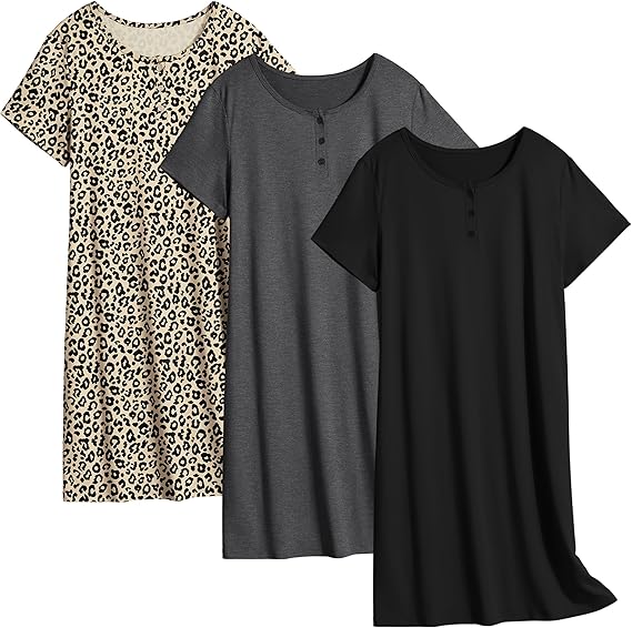 Ekouaer 3 Pack Women's Sleepshirts Soft Sleepwear Short Sleeve T-Shirt Nightgowns Casual Sleepdress Nightshirts