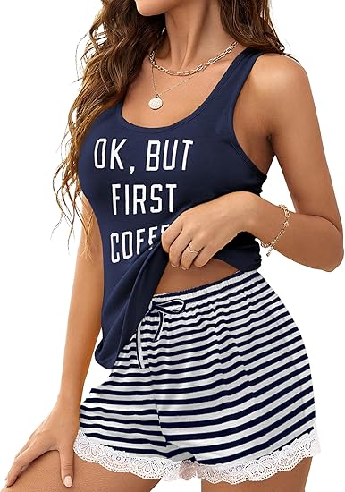 Ekouaer Womens Pajama Sets Sleeveless Tank Top and Shorts Pj Set Lace Hem Sleepwear