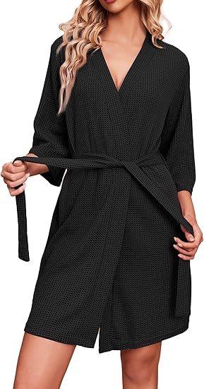 Ekouaer Robes for Women Waffle Knit Bathrobe Soft Lightweight Knee Length Loungewear