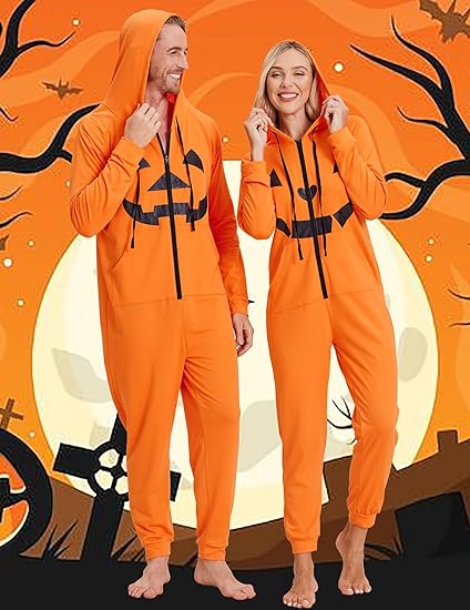 Ekouaer Christmas Onesie for Couples Zipper Hooded Adult Matching Onesie Pajamas with Pockets