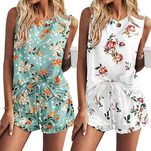 Ekouaer 2 Pack Women's Pajama Set Short Pyjamas for Women Summer Pjs Sets Sleeveless Sleepwear Loungewear
