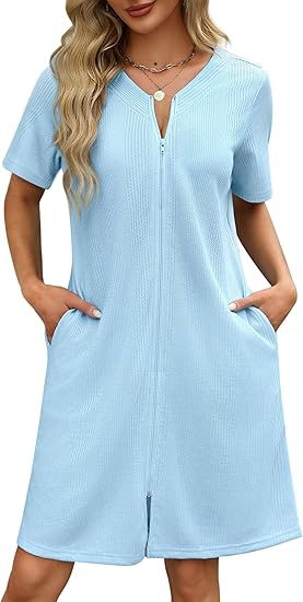 Ekouaer Women Zipper Robes Waffle Short Bathrobe Lightweight House Coat with Pockets Soft Nightgown