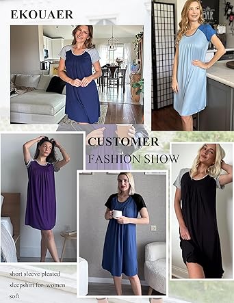 Ekouaer Women's Nightgown Short Sleeve Sleepwear Comfy Sleepshirts Pleated Scoopneck Nightshirt