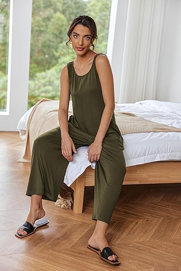 Ekouaer Sleeveless Jumpsuits for Women Casual Summer Scoop Neck Tank Rompers Wide Leg Pants Overall Jumpers with Pockets