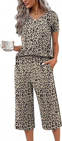 Ekouaer Women's Pajama Sets Short Sleeve Sleepwear Button Up Pj Loungewear Top and Capri Pants with Pockets