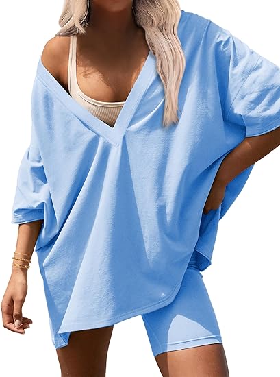 Ekouaer Womens Pajamas 2 Piece Lounge Sets Oversized V Neck T-Shirts Tops Biker Shorts Set Workout Reversible Tracksuit