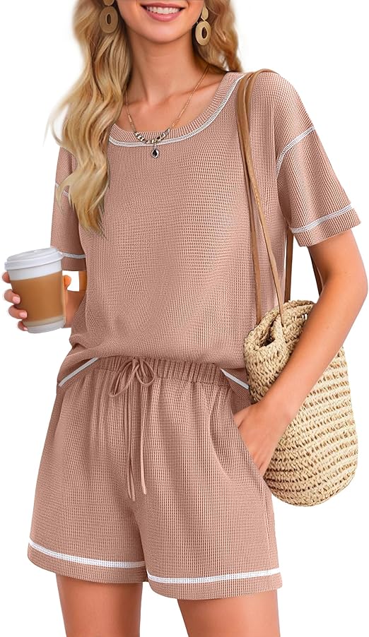 Ekouaer Women's Waffle Knit Two Piece Lounge Set, Soft Matching Outfits for Daily Wear, Casual Shorts Set with Pocket