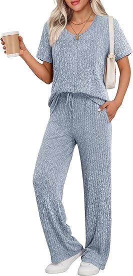 Ekouaer Pyjama Damen Herbst Schlafanzug Kurzarm Lang Hose Rippen Nachtw?sche