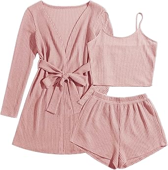 Ekouaer Pajamas for Women Set 3 Piece Lounge Set Soft Pajama Sets Waffle Knit Tank Top and Shorts Cardigan with Pockets