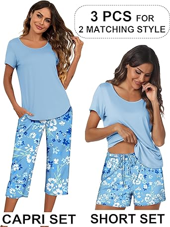 Ekouaer 3 PCS Capri Pajamas for Women Set Short Sleeve Pajama Sets Floral Pj Sets Soft Sleepwear with Pockets