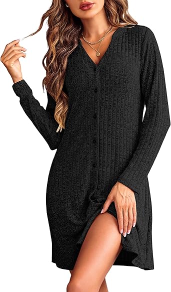 Ekouaer Nightgowns for Women Button Down Night Shirt Long Sleeve Ribbed Knit V-Neck Sleepwear Pajama Dress