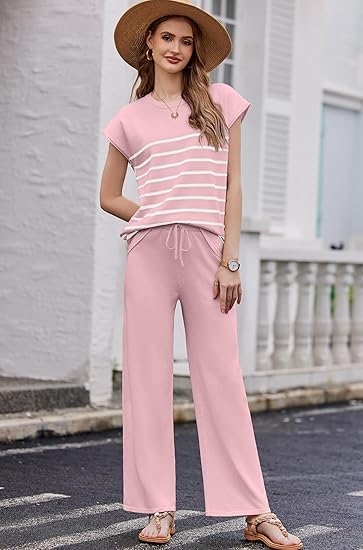 Ekouaer Striped Lounge Set 2 Piece Sweater Matching Outfits Travel Knit Clothing Sets for Women