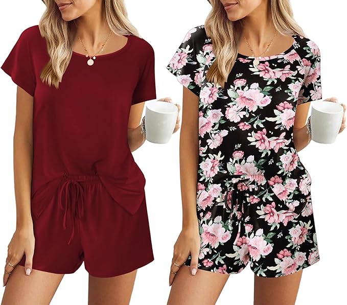 Ekouaer 2 Pack Womens Pajama Sets Short Sleeve Sleepwear Soft Crew Neck Pj Shorts Set Printed Loungewear Set