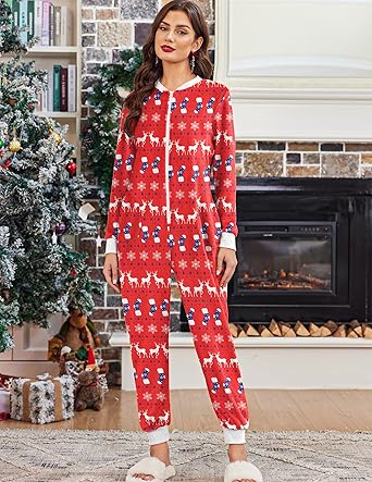 Ekouaer Christmas Onesie Fleece Long Sleeve Adult One Piece Pajamas for Women Zipper Pjs with Pocket