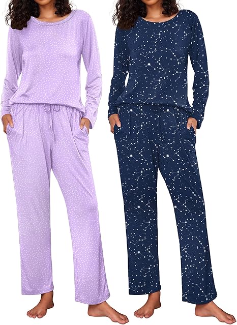 Ekouaer 2 Pack Women's Pajama Set Long Sleeve Top with Jogger Pants Lounge Sets Sleepwear Loungewear with Pockets