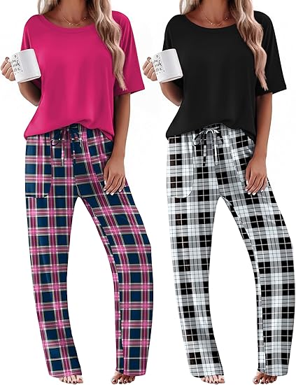 Ekouaer 2 Pack Womens Pajama Sets Short Sleeve Tops and Long Pants Casual Comfy Pjs Lounge Set with Pockets