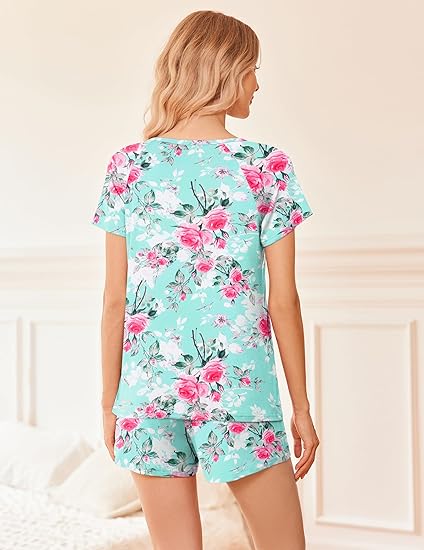 Ekouaer 2 Pack Womens Pajama Sets Short Sleeve Sleepwear Soft Crew Neck Pj Shorts Set Printed Loungewear Set