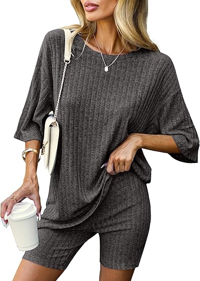 Ekouaer Pajamas 2 Piece Lounge Sets Ribbed Knit Matching Outfits T-shirt Biker Shorts Sleepwear Loungewear Sweatsuits