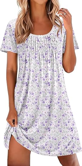 Ekouaer Nightgowns for Women Pleated Sleep Shirts Short Sleeve Night Shirts Lace Trim Night Gown Ladies Sleep Dress
