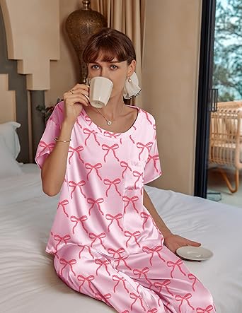 Ekouaer Womens Satin Silky Pajama Set Short Sleeve Shirt with Long Pajama Pant Set Soft PJ Loungewear