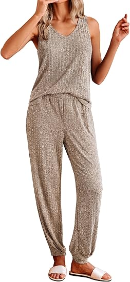 Ekouaer Women's Pajamas Sleeveless Summer Lounge Set Ribbed Knit Pj Loungewear Soft Tank Sleepwear Nightwear