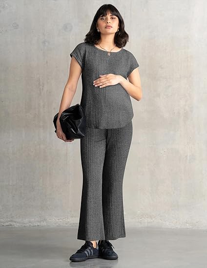 Ekouaer 2 Piece Lounge Sets for Women Matching Summer Outfits Casual Ribbed Knit Cap Sleeve Wide Leg Pants Sets