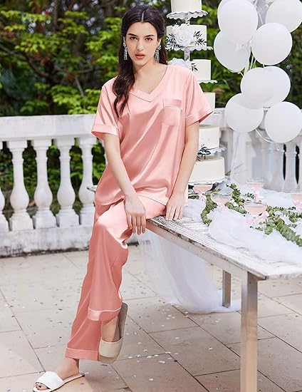 Ekouaer Satin Pajamas for Women Short Sleeve Silk Pajama Sets Soft Sleepwear Top with Causal Long Pj Pant